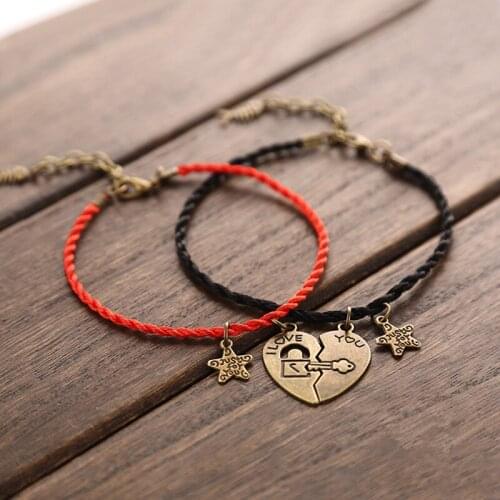 2 PCS/Set Couple Anklets for women and men Heart-shaped Stitching Charm Anklets Keys and Locks Black Red Rope Chain Lovers Gift