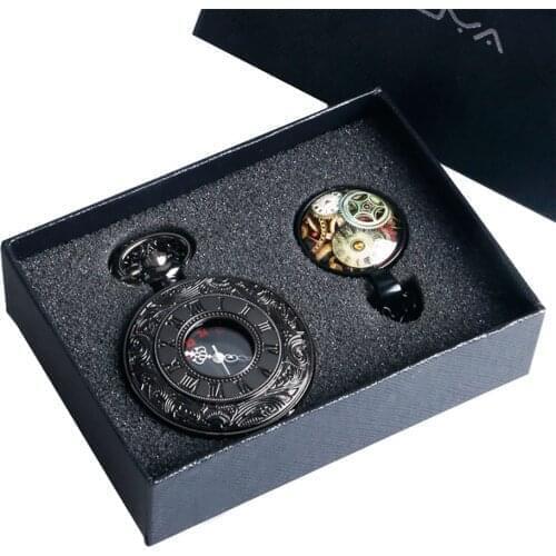 Black Roman Number Quartz Pocket Watch Wheel Necklace Clock Pendant Men Fob Watches Gifts Box Set Christmas Gifts for Husband