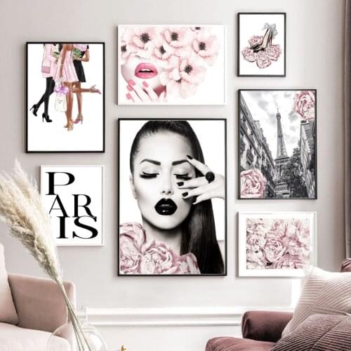 Girl High Heels Lip Eyelash Peony Canvas Painting Wall Art Prints Poster Picture for Gallery Living Room Interior Home Decor
