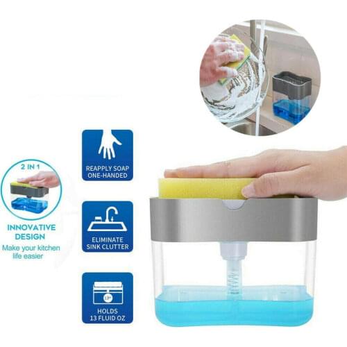 Soap Pump Dispenser with Sponge Holder Cleaning Liquid Dispenser Container Manual Press Soap Organizer Kitchen Cleaner Tool