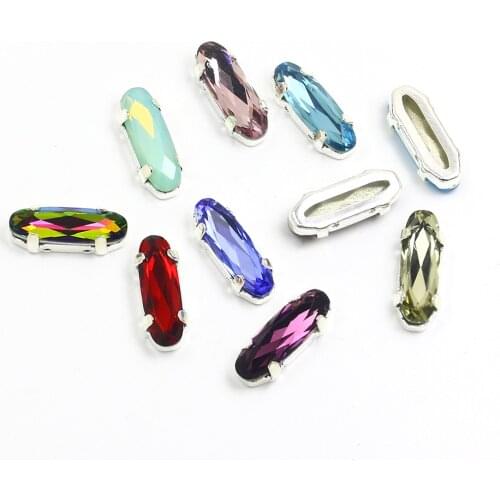 Long Oval Crystal Fancy Stone With Silver Claw 5*15mm K9 Class Pointed Back Sew On Diamond Glitter Rhinestone For Clothes Dress