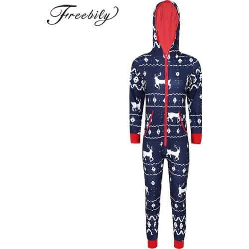 Freebily Women Christmas Sleepwear Santa Casual Hooded Jumpsuits Long Sleeve Zipper Pocket Adult Pyjamas Nightwear Plus Size 2XL