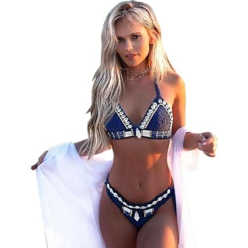 Women Sexy Shell Lace-up 2 Pieces Bikini Set Bra Thong Crochet Split Swimsuit Bathing Suit Beachwear