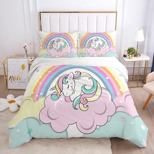 Kids Bedding Set for baby cartoon Bed linen set for home duvet cover bed sheet family sets Euro 150*200 Rainbow unicorn sleep