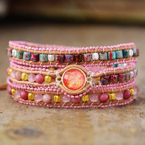 Bohemian Cute Pink Leather Wrap Bracelets W/ Mix Jaspers Stone 3 Strands Teengirls Bracelet Bohemian Women Jewelry