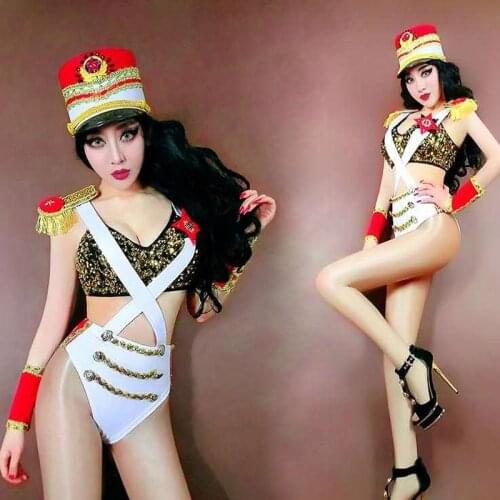 Nightclub Stage Dance Costume Sexy Sequin Club Outfits Army Cap Cos Soldier Clothing DJ Pole Dance GOGO Jazz Dancer Wear 3838