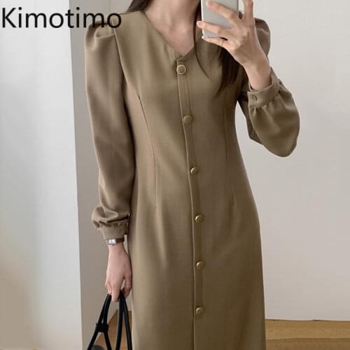 Kimotimo 2021 Autumn Dress Women Korean Chic Elegant V-neck Single Breasted Slim Creasing Waist Puff Sleeve Long Dresses Femme