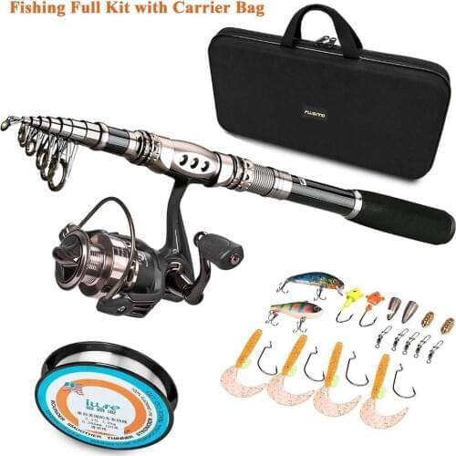 PLUSINNO Spinning Rod and Reel Combos FULL KIT Telescopic Fishing Rod Pole with Reel Line Lures Hooks Fishing Carrier Bag Case