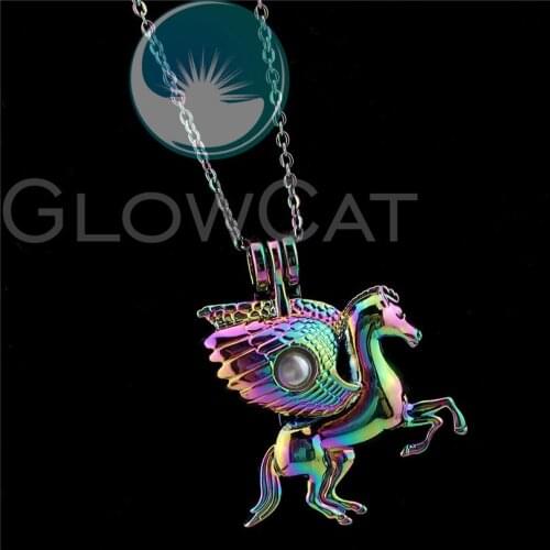 R-C843 Rainbow Greek Mythology Pegasus Beads Cage Pendant Essential Oil Diffuser Aroma Pearl Cage Locket Necklace