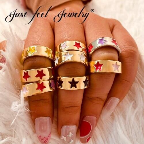 JUST FEEL Multicolor Handmade Enamel Star Circle Ring For Women Gold Silver Color Metal Geometric Rings Party Fashion Jewelry