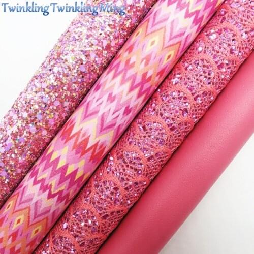 PINK Glitter Fabric, Mesh Glitter, Folk Custom Printed Synthetic Leather Fabric Sheets For Bow A4 21x29CM Twinkling Ming XM674