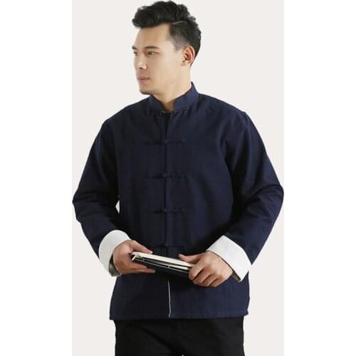 Double deck Long Sleeve Shirt 100% Cotton Mens Solid Traditional Chinese Kung Fu Jacket Coat Tai Chi Uniform YZT082306
