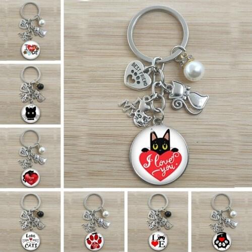 Love Cat Pet Footprints Dogs Glass Cabochon Keychain Bag Car Key Chain Ring Holder Charms Keychains for Men Women Gifts