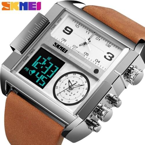 SKMEI Mens Luxury Analog Digital Quartz Watch Fashion Sports Military Watch Clock Men Waterproof Square Dial Leather WristWatch