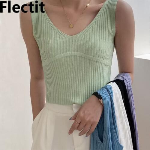 Flectit Women Ribbed Knit Tank Top V-Neck Sleeveless Fitted Crop Top Basic Casual Outfit