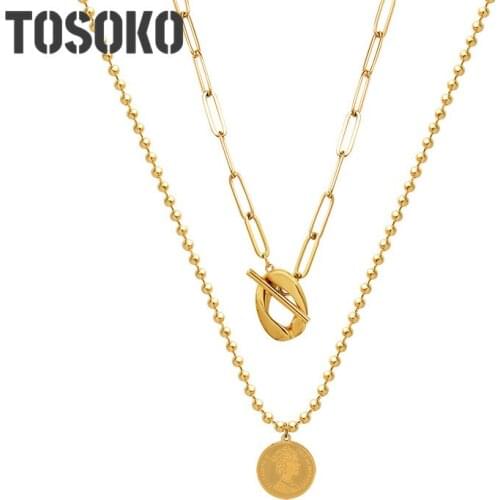 TOSOKO Stainless Steel Jewelry High Quality Necklace OT Buckle Queen Double Necklace Female Collarbone Chain BSP1028