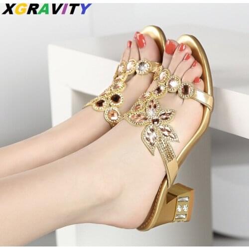 XGRAVITY Plus Size 34-41 Rhonestone Sexy Chunky High Heel Pumps Sexy Ladies Crystal Shoes Elegant Womens Party Shoes Ladies D23