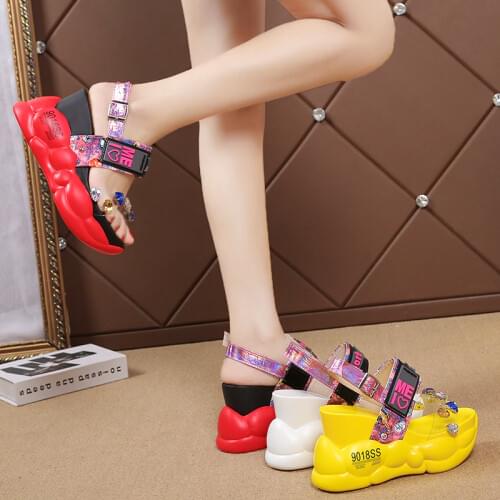 Moipheng Platform Sandals Women 2021 Chunky Red High Heels White Summer Fashion Transparent Increase Wedge Rhinestone Sandals