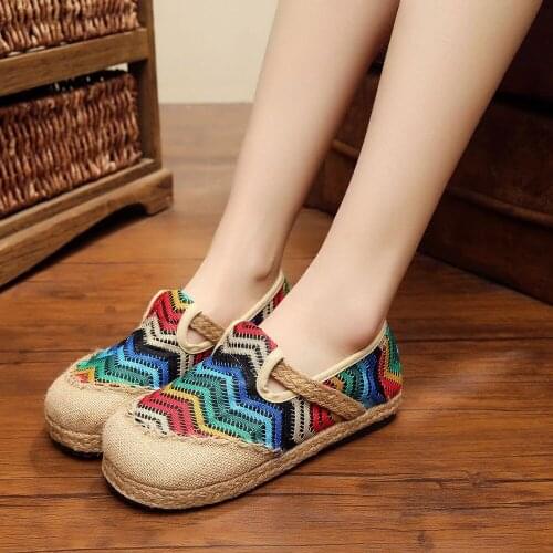 YourSeason Hemp Rainbow Embroidered Ladiess Casual Cotton Linen Shoes Slip On Retro Women Canvas Walking Flat Loafers Handmade