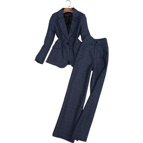 Women pant suits formal new fashion long sleeve suit professional plaid woolen suit wide leg pants 2 piece sets womens outfits