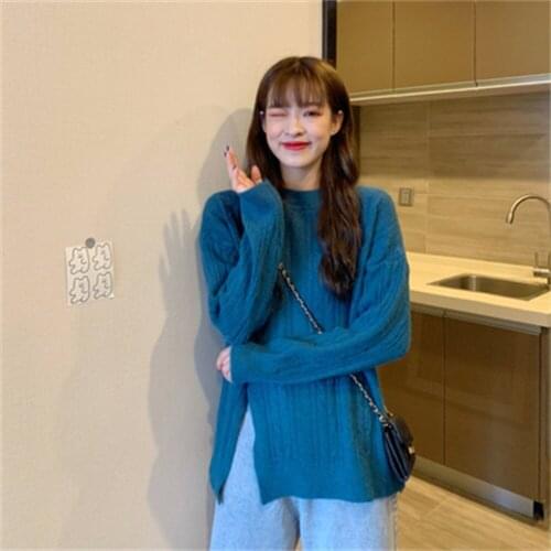 2021 Split Blue Base Sweater Women Loose Outer Wear Spring And Autumn New Hot Style Hong Kong Style Thickening H402