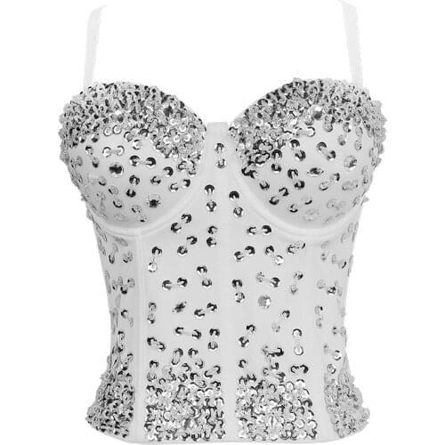 2021 New Women Knit Shaping Camisole Top Beading Crystal Mid-Length Slim Waisted Top Bustier Bra Night Club Party Tank Tops