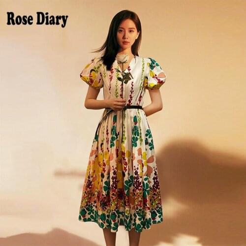 RoseDiary New Women Flowers Printed Midi Office Dress V-neck lady Puff Sleeve Dating Fairy Floral Female Long dresses With Belt