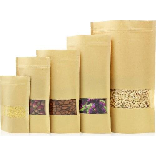 100 pcs Kraft Paper Bags Zip Lock Stand-up Reusable Sealing Food Pouches with Matte Window and Tear Notch for Storing Cookie