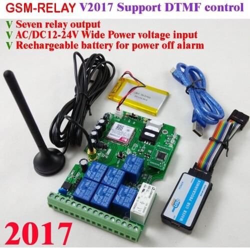 Free shipping Seven relay Output GSM gate opener by Free Call or SMS command to operate battery for power failure alert