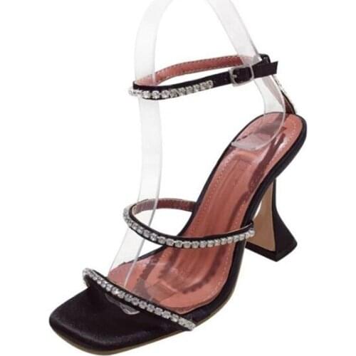 Sandals Women Mid Heel Summer Slip-on Buckle Ladies Shoes Square Toe Sequined Cloth Thick High heels Rhinestones Bling shoes