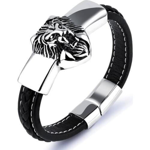 New Punk Style Genuine Leather Buddha Charm Bracelet Men Fine Jewelry Men Silver Color Stainless Steel Lion bracelets Bangles