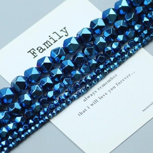 Faceted Round Blue Hematite Beads Natural Stone Charms Loose Spacer Beads for Jewelry Making 3/4/6/8/10mm DIY Handmade Bracelets