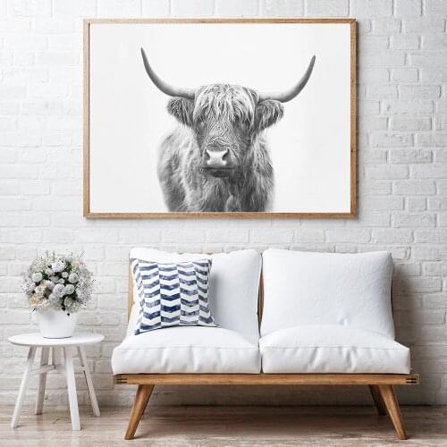 Black White Animal Canvas Paintings Wall Art Highland Bull Posters and Prints Wall Cactus Land Pictures for Living Room Decor