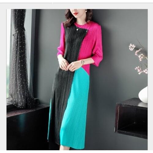 HOT SELLING Miyake fold patchwork o-neck three quarter dress IN STOCK