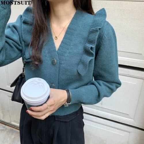 Ruffles V-neck Knitted Cardigan Crop Tops Women Autumn Winter Full Sleeve Short Sweaters Elegant Vintage Ladies Jumpers Kntiwear