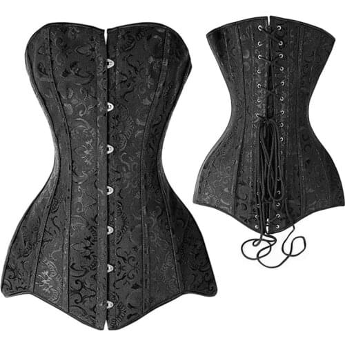 Black White Plus Size Corset Sexy Steel Boned Long Waist Cincher Corset Bustiers Body Shaper Steampunk Brocade Lace Up Corselet