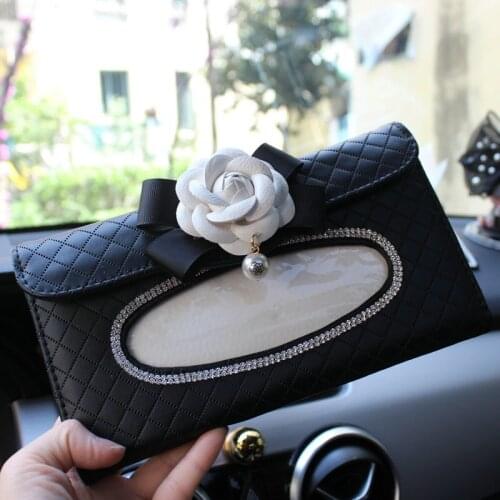 Camellia Car Sun Visor Tissue Box Leather Hanging Tissue Case with Flower For Girls Crystal Studded Rhinestone Auto Tissue Bag
