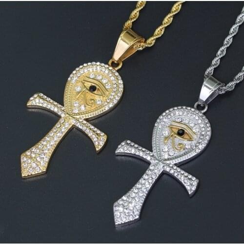 Ancient Egypt Eye of Horus Pattern Cross Shape Pendant Mens Womens Necklace Fashion Crystal Inlaid Pendant Accessories Jewelry