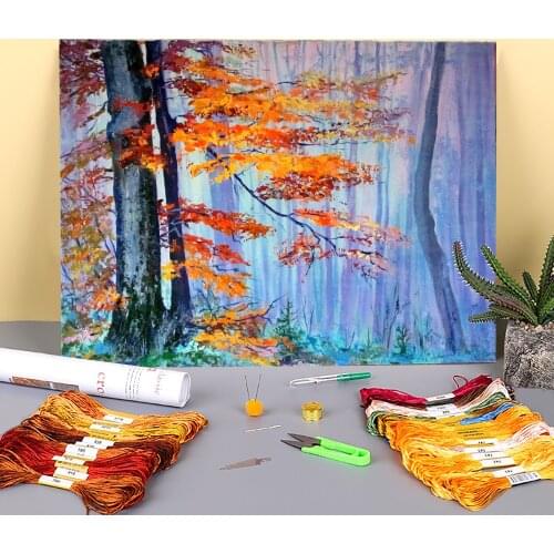 Landscape Yellow Leaves. Etude Printed Fabric 11CT Cross Stitch DIY Embroidery Patterns DMC Threads Sewing Craft Hobby Gift