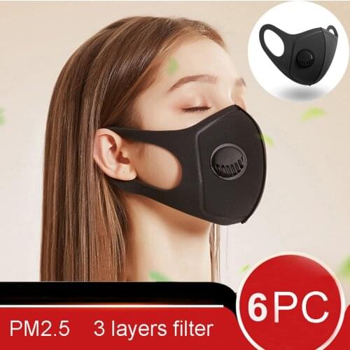6pc Adult Black Protec Masks For Women Men Fashion Breathing Vales Respiratory Pm25 Reusable Filter Masks Masque Ear Bandage
