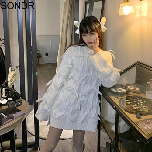 Sweet Girls Pullover Sweater Women Korean Heavy Industries Rhinestone Beaded Bow 2021 Spring Fashion Splicing Mid Long Knit Tops