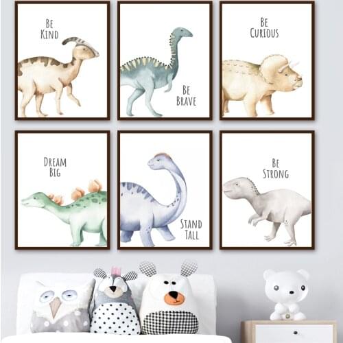 Cartoon Watercolor Dinosaur Quotes Nursery Wall Art Canvas Painting Nordic Posters And Prints Wall Pictures Baby Boy Room Decor