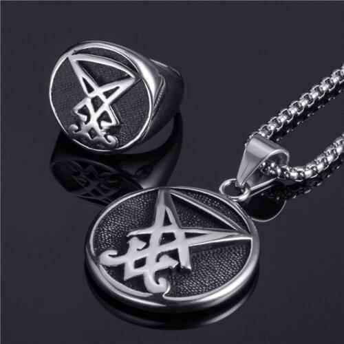 Elfasio Jewelry Set Ring Penadnt Set Sigil of Lucifer Seal of Satan Devil Symbol Stainless Steel Necklace Chain Vintage Fashion