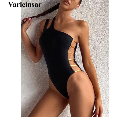 New One Shoulder Cut Out Women Swimwear One Piece Swimsuit Female Asymmetric Padded Bather Bathing Suit Swim Lady Monokini V2947