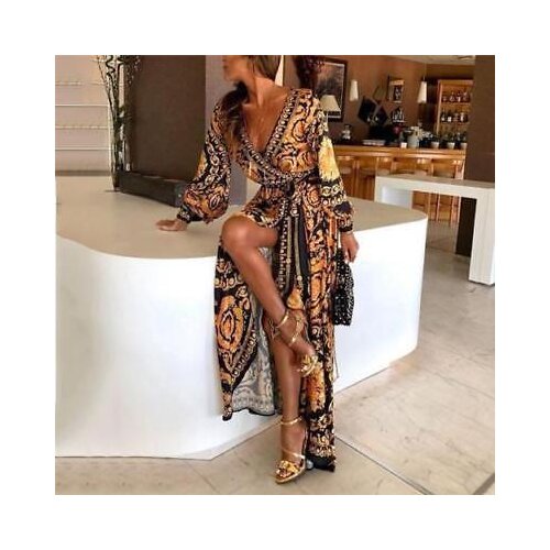 New Style Elegant Women Sexy Deep V Neck Glitter Printed Formal Long Dresses Evening Party Dress Ladies Clubwear Summer Dress