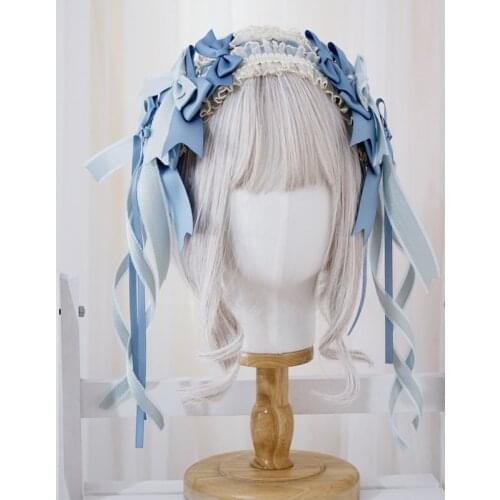 Sweet Handmade Headwear Bow Hairband Gorgeous Hair Ribbon Lace Headband Lolita Original Design Cute Color Blue