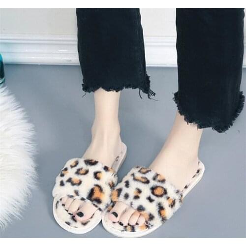 COOTELILI Child Slippers Winter Shoes For Children Home Slippers Faux Fur Slippers Flat Heel Leopard Print Child Shoes 26-41