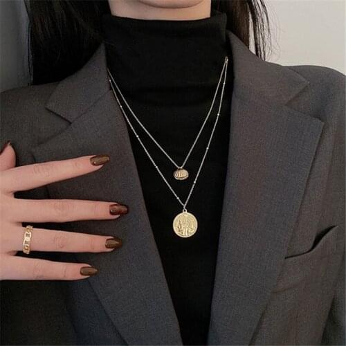TIMEONLY Korean Fashion Shell Imitation Pearl Pendant Necklaces Coin Portrait Charm Sweater Necklace for Women Femme Jewellery