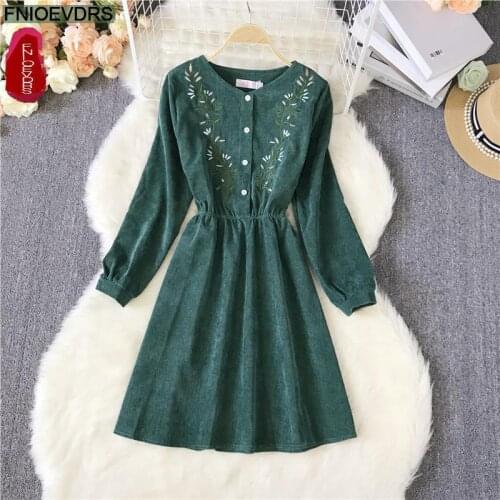 Mori girl Women Japanese Style Girls Cotton Corduroy Embroidered Floral Long Sleeve Green Retro Vintage Dress