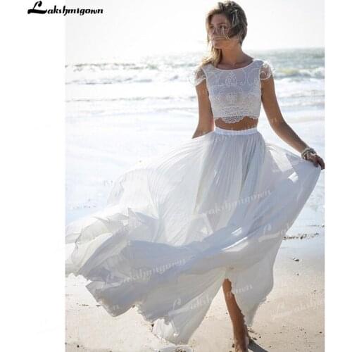Unique Two Pieces Wedding Dresses Boat Neck Lace Top Cap-Sleeve And Chiffon Skirt Sweep Train Beach Bride Gowns robe de mariage